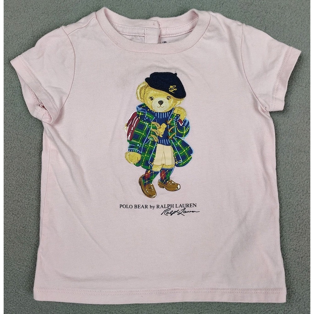 Ralph Lauren Polo Bear Baby Girl Top 12 Month Pink Beret Tartan Plaid Preppy EC